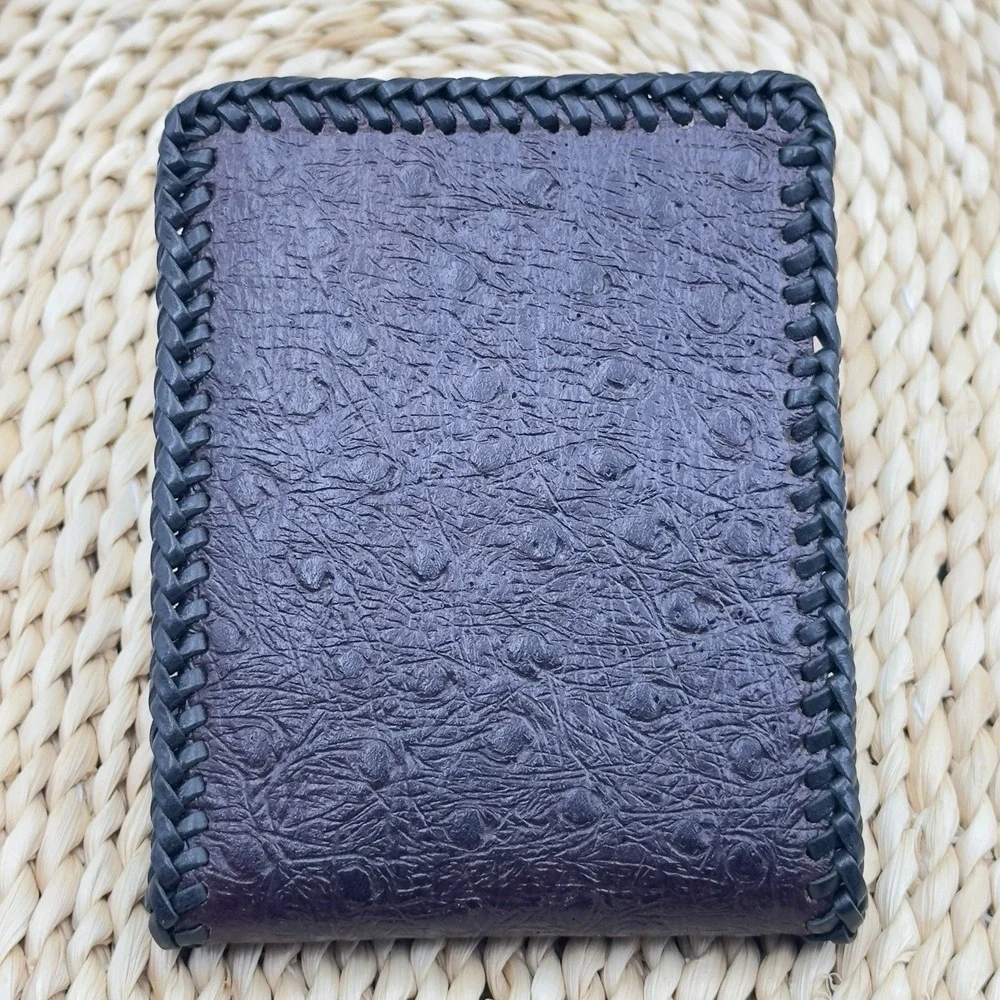 Genuine‎ Ostrich Skin Leather Bifold Men's Handmade Burgundy Black Trim
